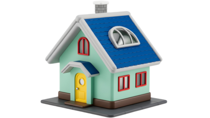  3D Cartoon House with Blue Roof, Yellow Door, and Red Windows on Transparent Background