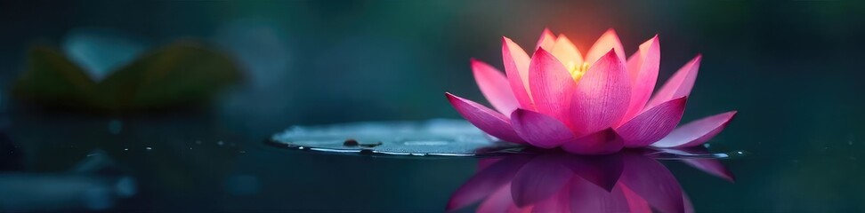 Fototapeta premium Close-up of a single, vibrant lotus flower emerging from still, dark water; ethereal light illuminates the blossom, symbolizing spiritual awakening and the power of imagination , fantasy, shadow
