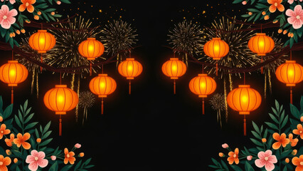 Vibrant chinese lanterns and fireworks on black background