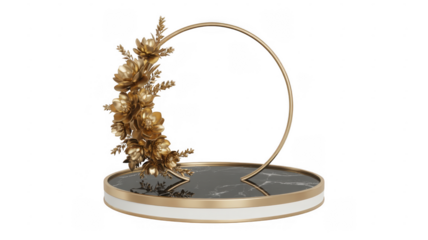Gold floral sculpture on marble base flowers isolated on a transparent background