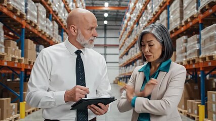 Warehouse worker and manager review tablet data among storage shelves - Powered by Adobe