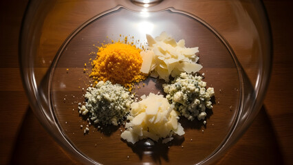Four piles of grated and shaved cheeses under a glass dome on a wooden surface