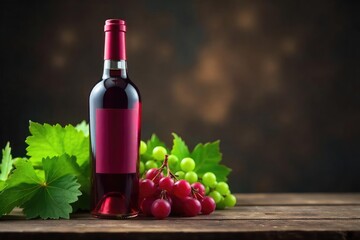 Obraz premium Elegant bottle of red wine resting on a rustic wooden surface, surrounded by lush green vines Perfect for wine labels, websites, or promotional materials , argentina, south africa, australia
