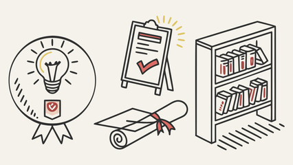 Illustration of a lightbulb badge, clipboard with checkmark, diploma, and bookshelf with books on a table