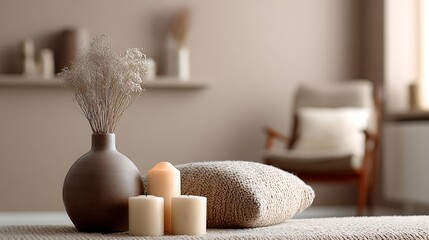 Cozy warm living room decorated with neutral vase and candles