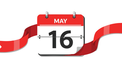 Vibrant calendar icon displaying May 16 with a dynamic red ribbon, marking important events or reminders vividly and clearly