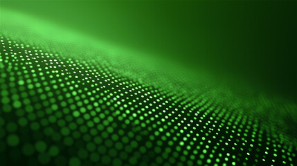 Abstract green particle wave and dotted grid in soft focus, futuristic technology background for data, AI, cybersecurity or network concept, dynamic motion and copy space.