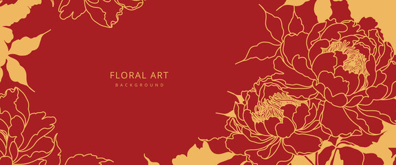 Luxury red Chinese floral background with hand drawn golden peonies. Vector design template for card, wall poster, business card, flyer, banner, wedding invitation, cover