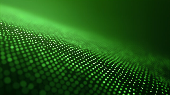 Abstract green particle wave and dotted grid in soft focus, futuristic technology background for data, AI, cybersecurity or network concept, dynamic motion and copy space. - Powered by Adobe