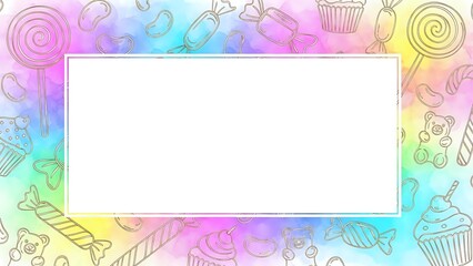 Colorful watercolor frame with hand-drawn candy and sweets doodles on rainbow gradient background. White space for text or design elements.