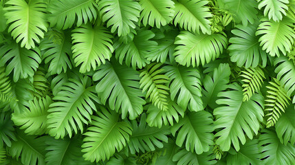 Lush green fern leaves forming repeating botanical pattern, fresh tropical texture background for eco design, wellness and nature concept, full frame with vibrant detail.