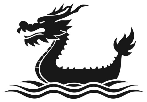 Stylized Dragon Boat Vector Silhouette on Water for Asian or Chinese Cultural Designs