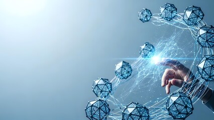 Digital network connectivity concept with businessman touching glowing molecular structure representing data transfer and technological innovation.