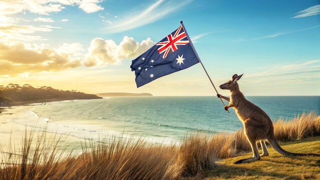 A kangaroo stands on a grassy hill holding the Australian flag aloft against a beautiful sunset backdrop over a scenic ocean coastline.