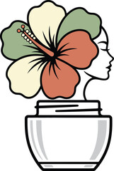 Skincare Logo Vector - Natural Beauty Woman Face with Hibiscus Flower in Cosmetic Jar Illustration