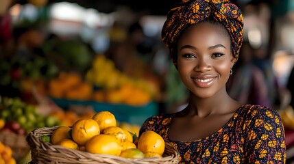Young African woman in traditional colorful headwrap and dress smiling while holding basket of fresh oranges at vibrant outdoor farmers market.