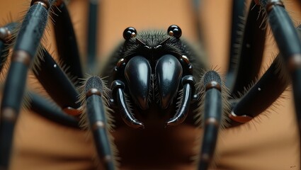 A close-up view of a black spider with shiny eyes and long legs on a brown surface