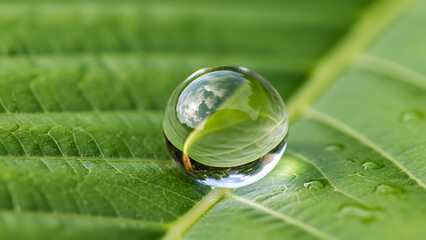 Water droplet on leaf reflecting green environment naturally