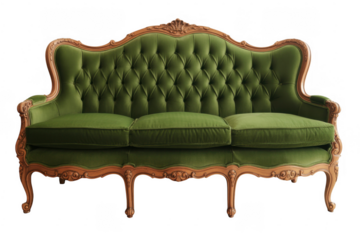 Green velvet sofa with wooden frame isolated on a transparent background