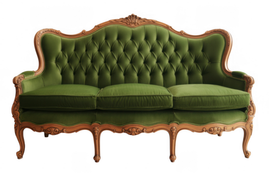 Green velvet sofa with wooden frame isolated on a transparent background - Powered by Adobe