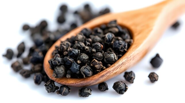 Black peppercorns in wooden spoon on white background, aromatic spice for cooking and seasoning, culinary ingredient for kitchen and restaurant use. - Powered by Adobe