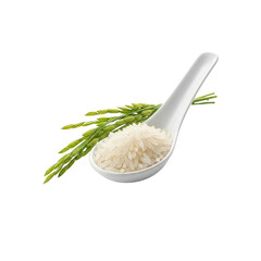 Rice grains in white spoon with rice flower