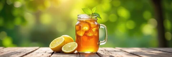 Refreshing iced tea in a mason jar with lemon slices and ice cubes on a rustic wooden table outdoors on a sunny summer day , lemon, yellow, relaxation