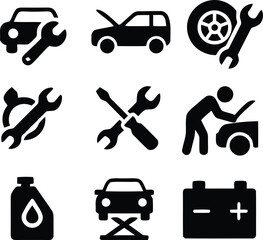 Collection of Automotive Repair Service Icons Depicting Car Engine Maintenance and Diagnostics with Tools and Equipment on Transparent Background in Silhouette Style Vector