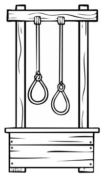 Cartoon illustration of wooden gallows with two nooses hanging down, a symbol of death and punishment