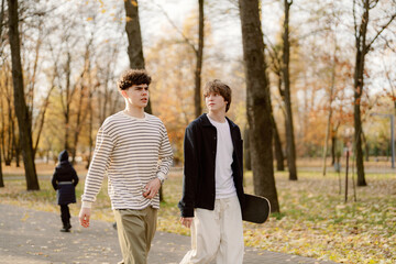 Fototapeta premium Two young men walk side by side in a serene park during autumn. Golden leaves surround them as they chat and enjoy the cool breezes of the season.