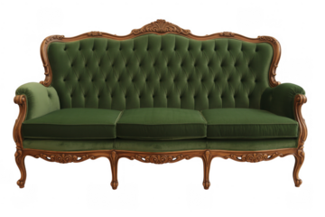 Green velvet sofa with wooden frame isolated on a transparent background