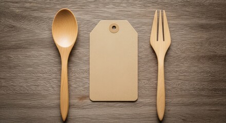 A wooden spoon and fork are placed on a rustic wooden surface next to a blank kraft paper tag, suggesting a meal or dining concept