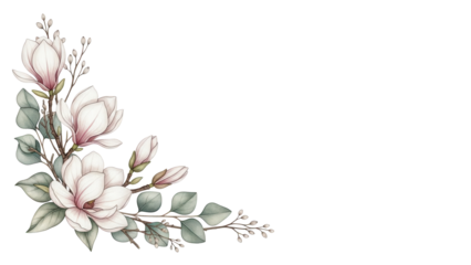 Elegant botanical watercolor design corner featuring magnolia and eucalyptus in neutral tones isolated on white background