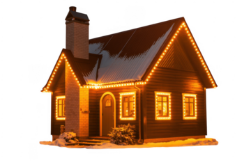 House with Christmas lights on roof and windows illuminated isolated on a transparent background