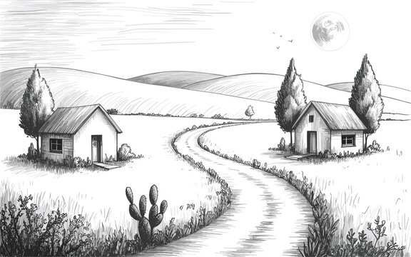 Hand drawn black and white rural landscape sketch featuring small houses and winding country road path