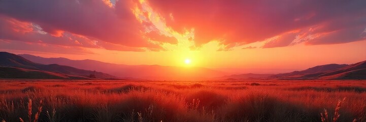Obraz premium Serene landscape bathed in the warm glow of a rising sun, painting the sky with vibrant oranges, pinks, and yellows Perfect for travel, nature, or inspirational projects , clear, environment, autumn
