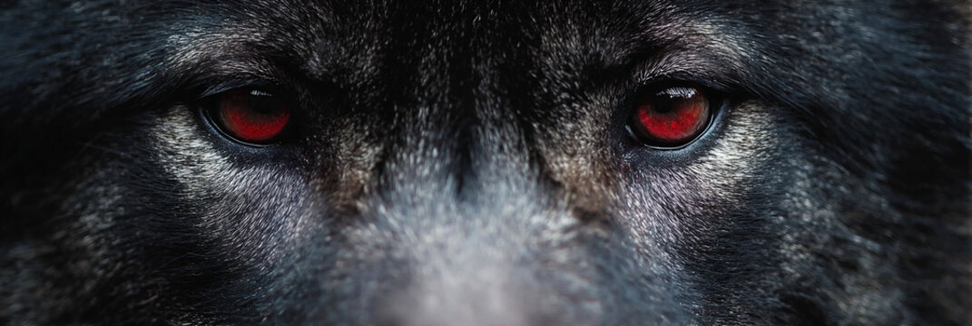 Dark Wolf with Glowing Red Eyes Staring into the Camera