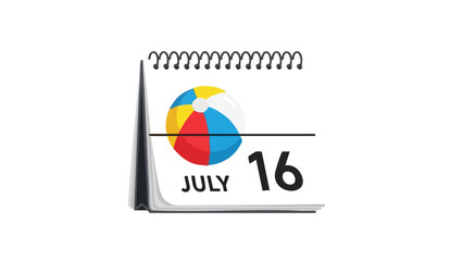 Vibrant beach ball on a calendar page indicating July 16, symbolizing summer holidays and leisure planning