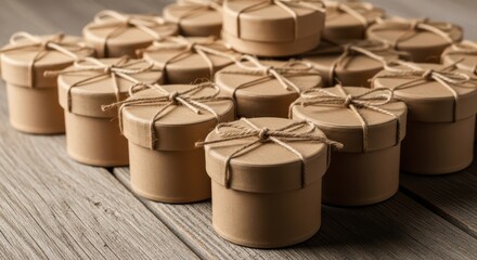 A pyramid of small round cardboard gift boxes tied with twine, arranged on a rustic wooden surface, ideal for party favors or small presents
