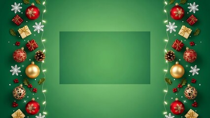 Christmas frame with fir branches, red balls, pine cones, and gold ribbon decoration for a holiday card