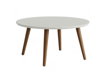 Modern white round table with wooden legs isolated on a transparent background