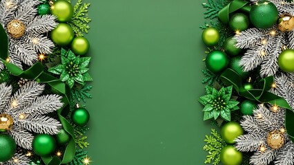 Christmas tree decoration frame on white and green background for winter holiday season celebration