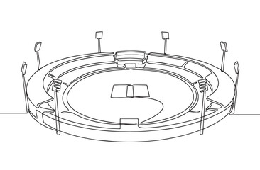 Single continuous line illustration of a cricket stadium. Minimal outline style showing a circular sports arena from a wide perspective. © Rajani