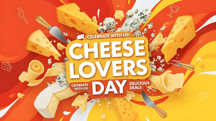 Cheese lovers day celebration with various types of cheese slices, crumbles, and knives on a vibrant red and yellow abstract background