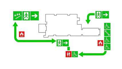 Emergency exit signs and building layout for safe evacuation