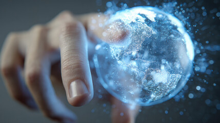 Person interacting with a glowing digital holographic globe representing global connectivity and futuristic technology innovation in a dark environment