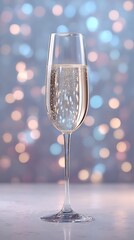Crystal champagne flute glowing with festive bokeh