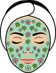 Facial Mask Spa Illustration - Woman Relaxing with Organic Botanical Skin Care Treatment