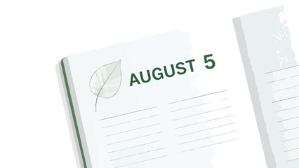 A minimalist planner page displays August 5, adorned with a subtle green leaf. This design promotes thoughtful daily organization and mindful
