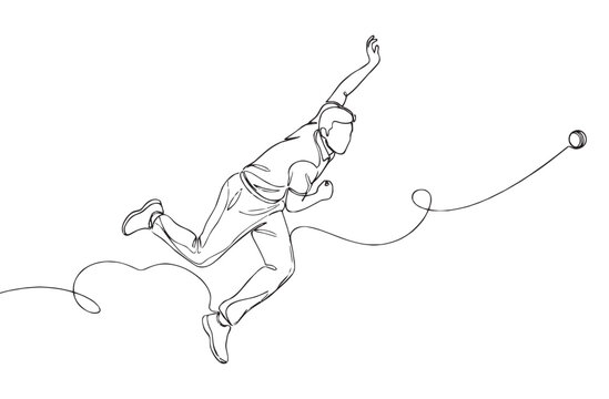 Single continuous line illustration of a cricket bowler delivering the ball. Minimal outline style capturing motion and sports action.